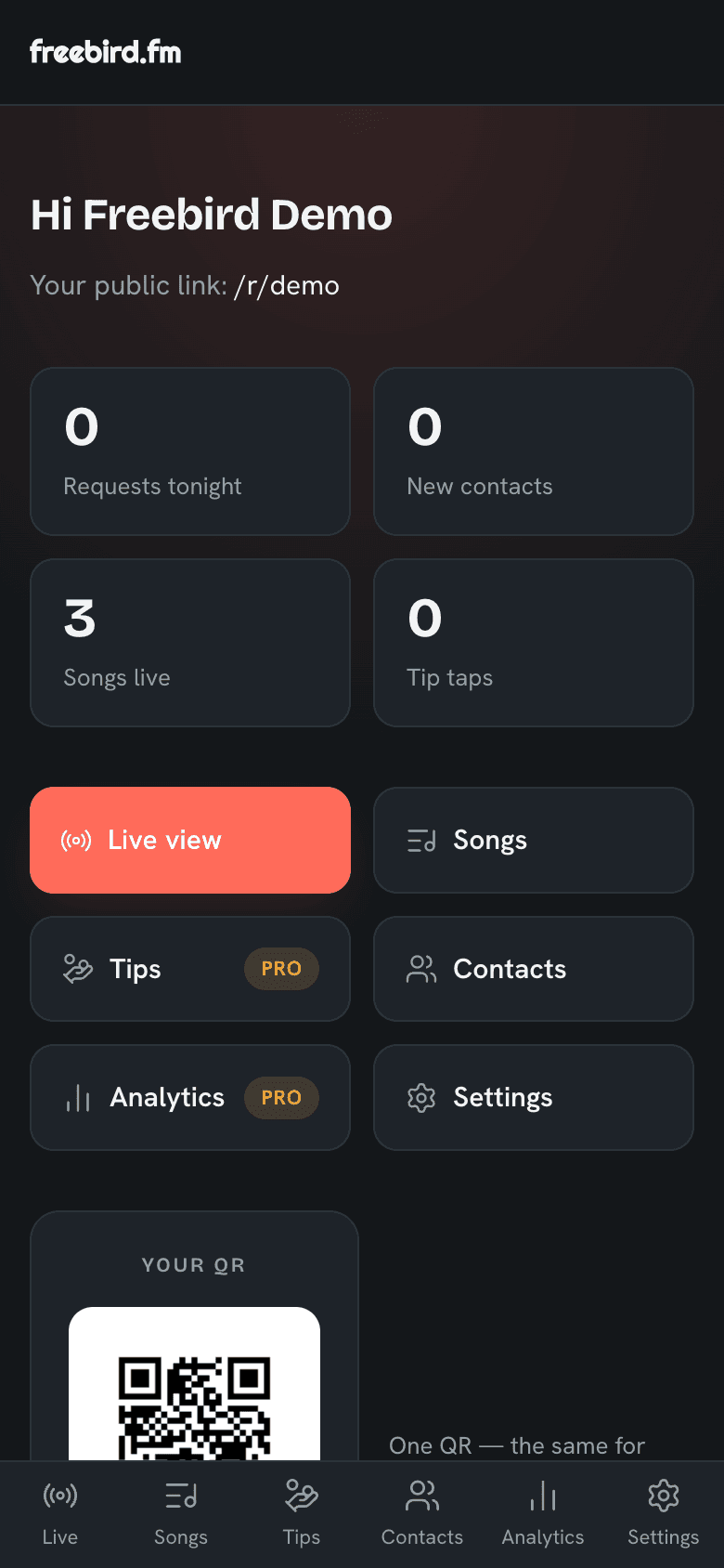 A performer's dashboard showing their song list and account settings