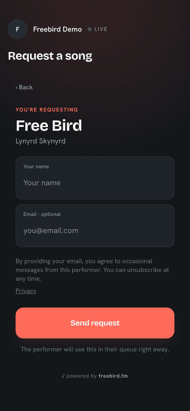 The request sheet open on a guest phone, with the song request and a tip amount ready to send together