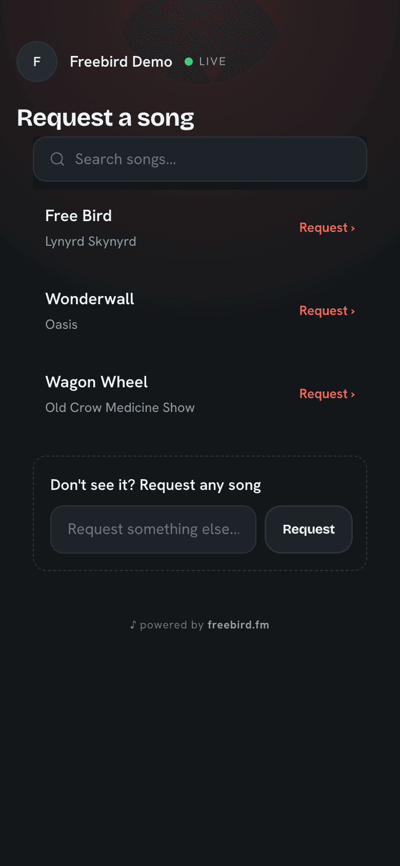 A guest's phone showing a performer's live song list, ready to tap a song to request it