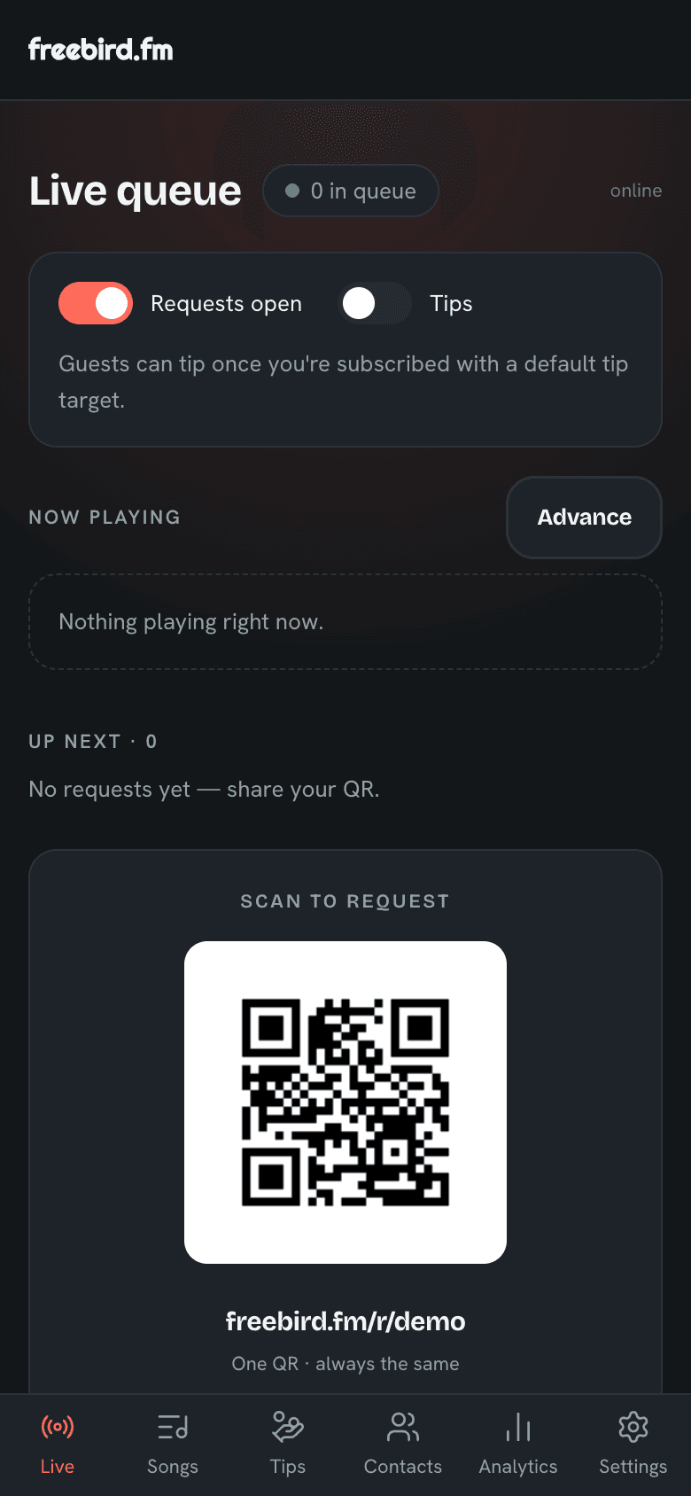 The live queue screen showing incoming song requests arriving in real time during a set